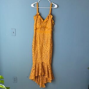Chic Mustard Lace High-Low Dress